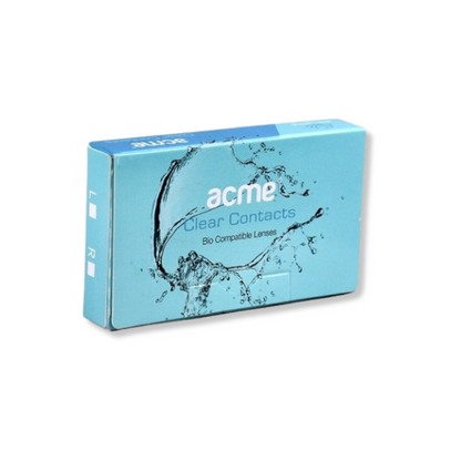 Six lens21 Acme Clear Contacts Monthly lenses packaged in a box.