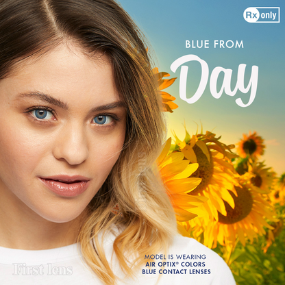 Lens21 model showcasing Blue color contacts