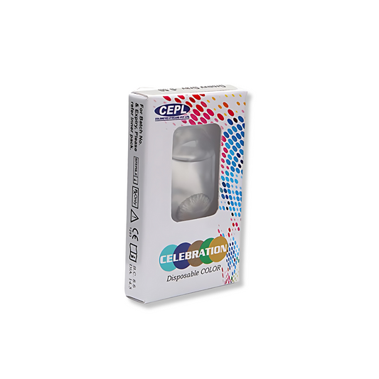 A high-resolution close-up of a Celebration Monthly Disposable Color Contact Lens from Lens21 placed in its blister pack, highlighting the intricate color pattern and premium finish.