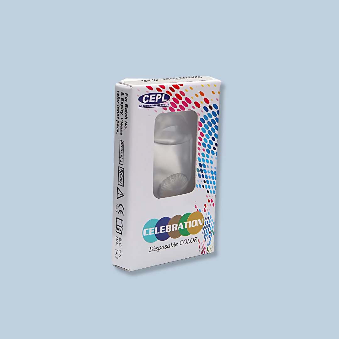 A single Celebration Monthly Color Lens photographed in transparent packaging, clearly showcasing the lens design, shade depth, and quality craftsmanship — by Lens21.