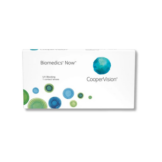 A single Cooper Vision Biomedix Now Trial contact lens in its packaging, designed for trial use, shown against a white background.