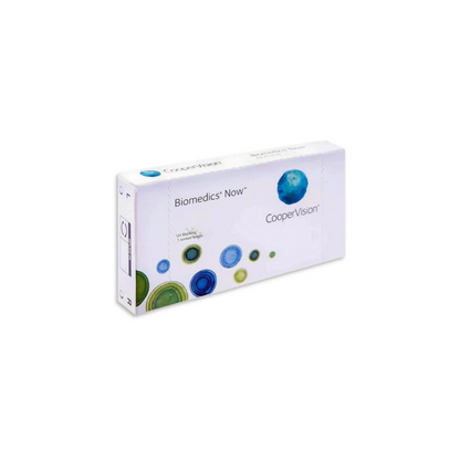 Close-up of a Cooper Vision Biomedix Now Trial contact lens container, highlighting the product's branding and details, including the quantity of one lens.