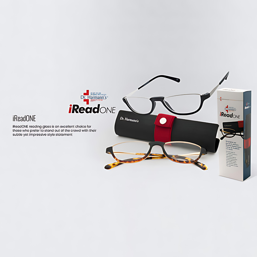  Dr. Harmann's iReadOne Reading glasses from lens21 displayed in a stylish case for protection 