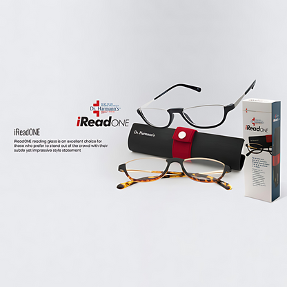 Dr. Harmann's iReadOne Reading glasses from lens21 displayed in a stylish case for protection 