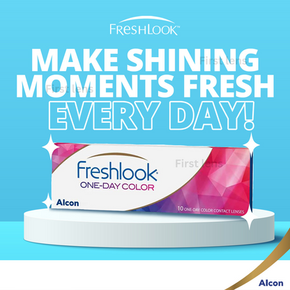 A box of Alcon Freshlook OneDay Color Lenses in the shade Grey, surrounded by autumn leaves.