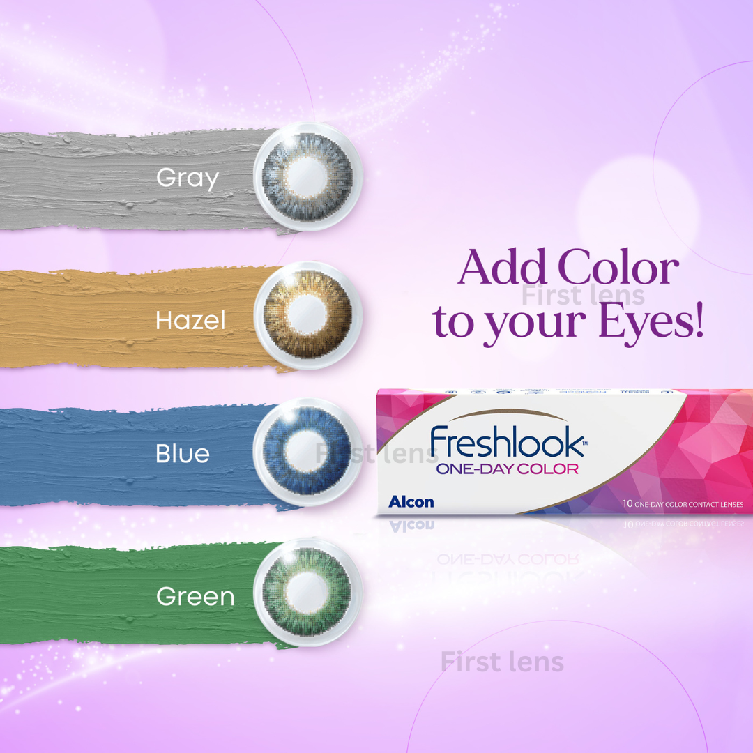 A close-up image of a box of Lens21 Alcon Freshlook OneDay Color Lenses in Hazel, with the box opened and lenses arranged neatly.