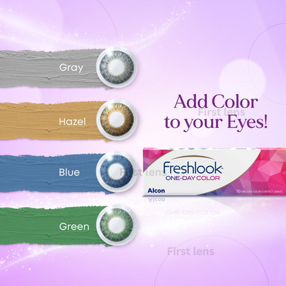 A close-up image of a box of Lens21 Alcon Freshlook OneDay Color Lenses in Hazel, with the box opened and lenses arranged neatly.